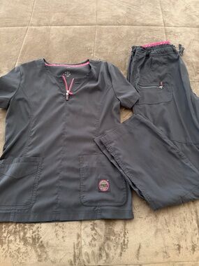 Gray Scrub Top and Pants with Pink Trim